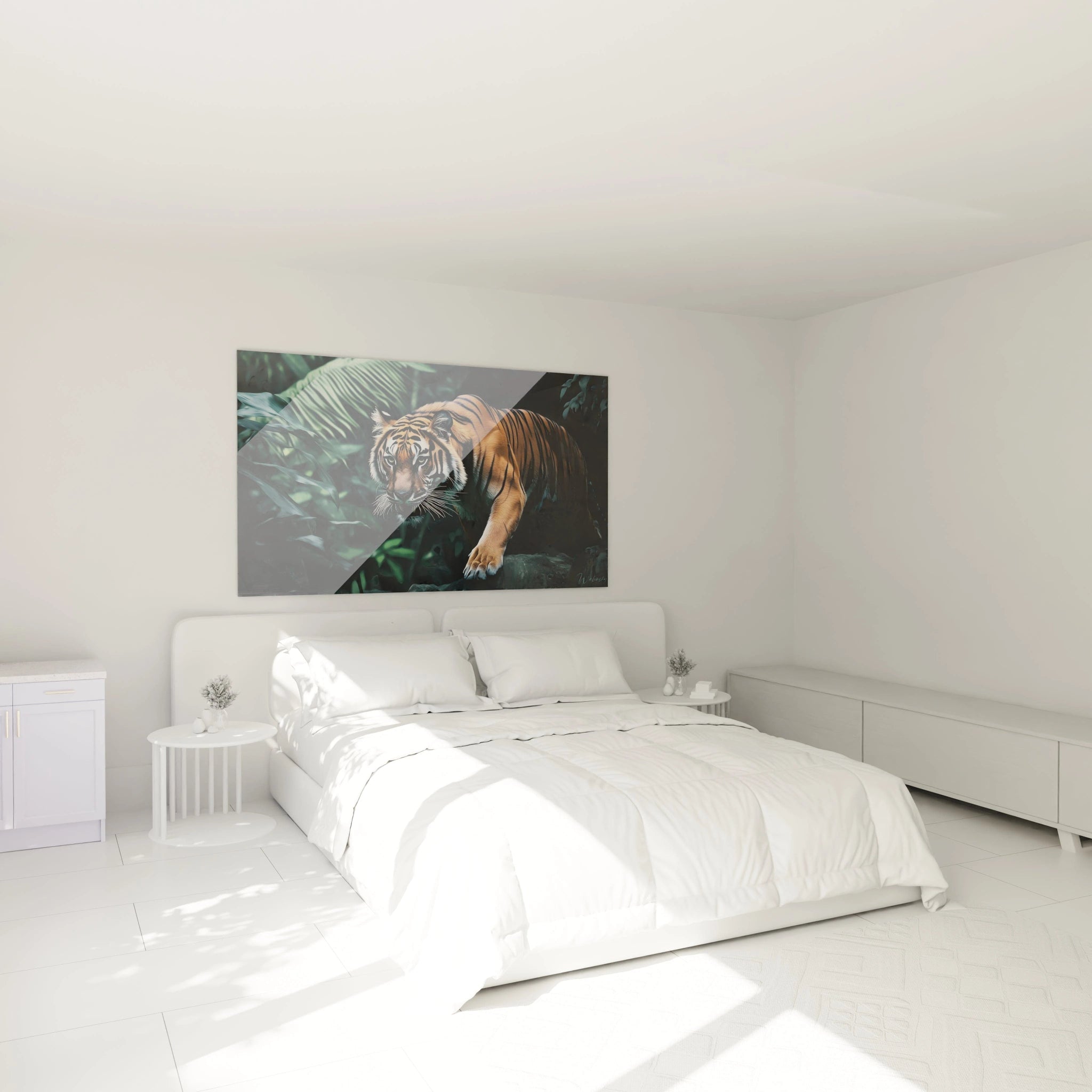 Tableau tigre Walensky posé au-dessus d'un lit dans une chambre moderne et lumineuse
