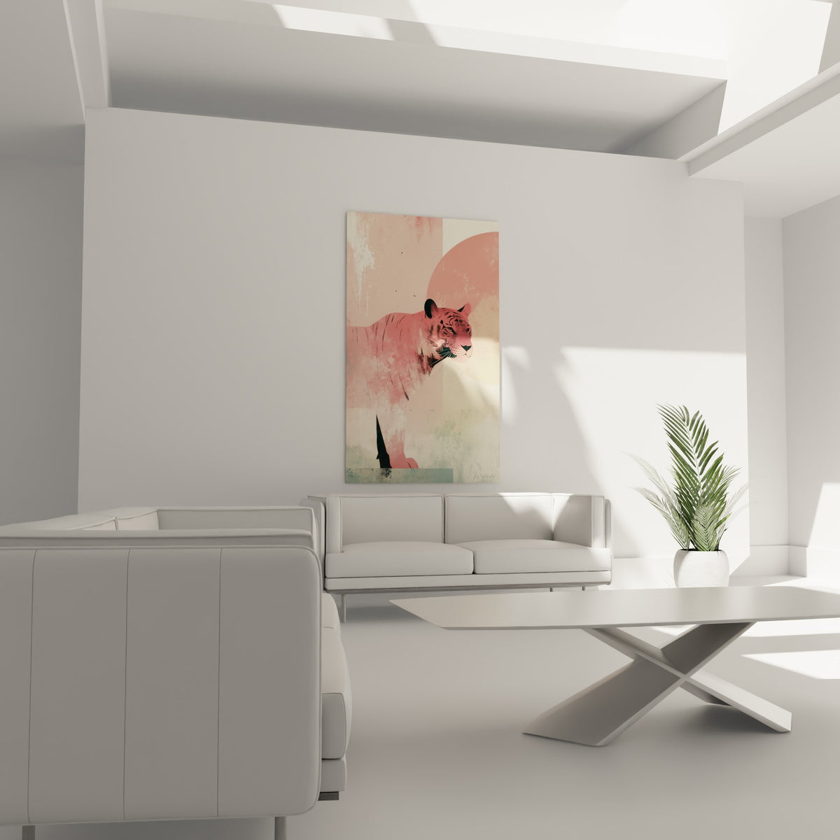 Silhouette de tigre rose pastel et crème sur fond de blocs colorés, au-dessus d'un canapé dans un salon lumineux.