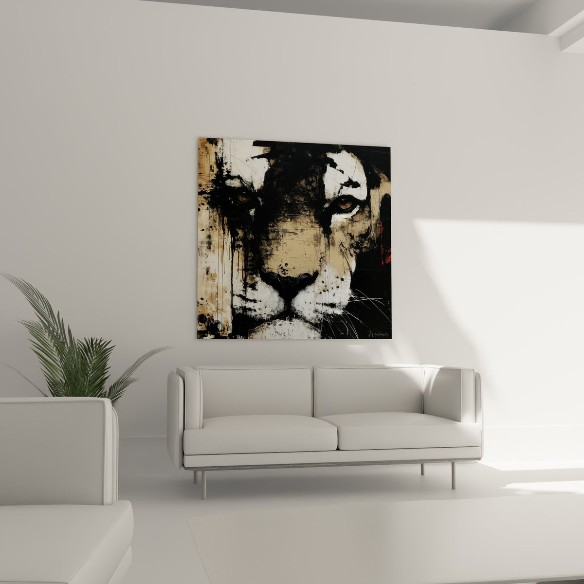 Regard doré et pelage beige texturé du tigre, accroché au-dessus d'un canapé dans un salon lumineux