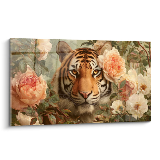 Cuadro de Tigre rodeado de peonías rosas y blancas en un jardín floreado - Majestad Floral - Edición Tigre