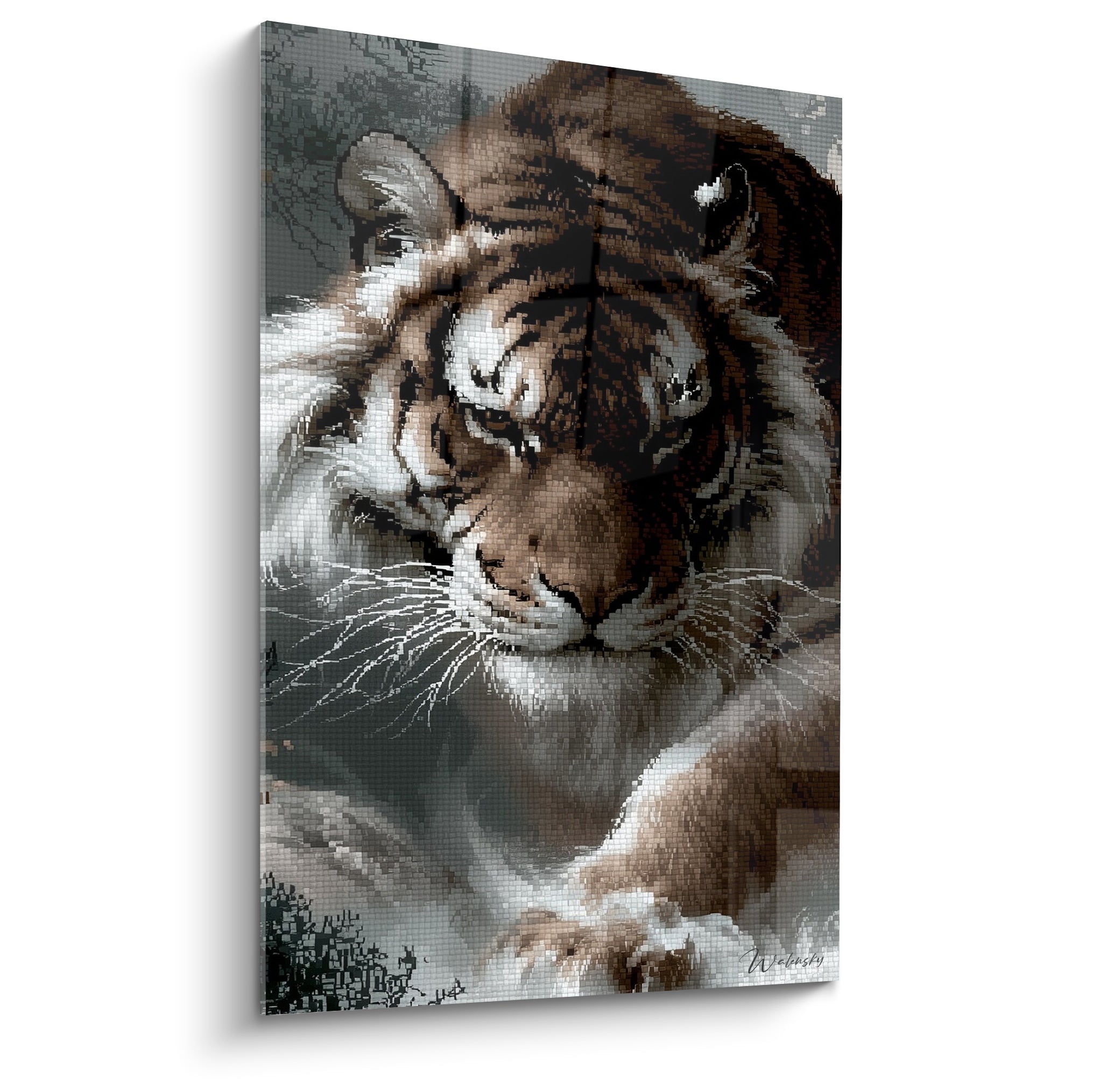 Tigre couché aux rayures brunes et blanches, effet pixellisé sur fond anthracite enneigé
