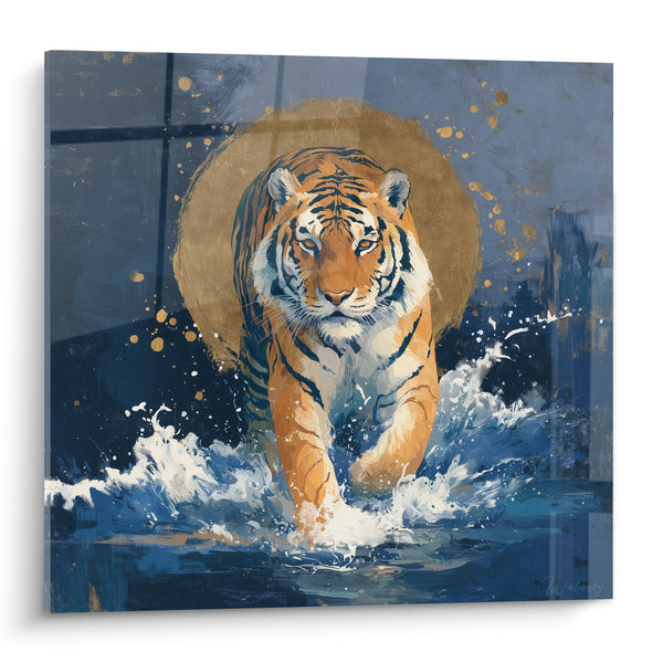 Cuadro Tigre Sumergiéndose en Agua Azul con Halo Dorado - Poder Acuático - Edición Tigre
