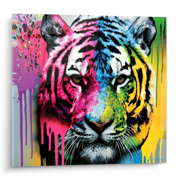 Tableau Tigre rose et bleu aux coulures multicolores - Dualité électrique - Edition Tigre