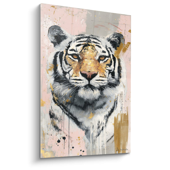 Tableau tigre portrait majestueux couleurs dorées roses pastel regard contemplatif art contemporain