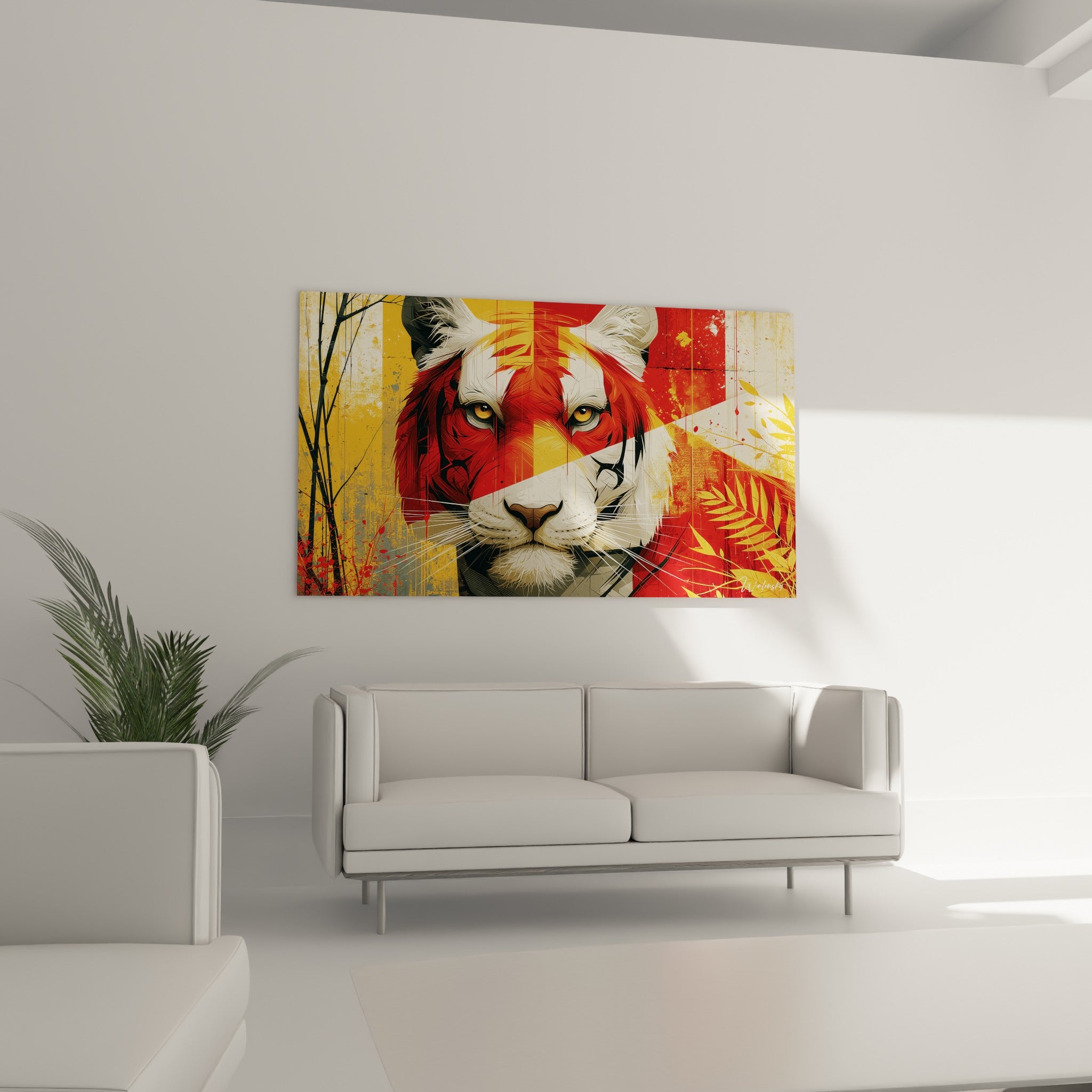 Portrait fauve du tigre aux teintes rouge et or accroché au-dessus d'un canapé dans un salon lumineux