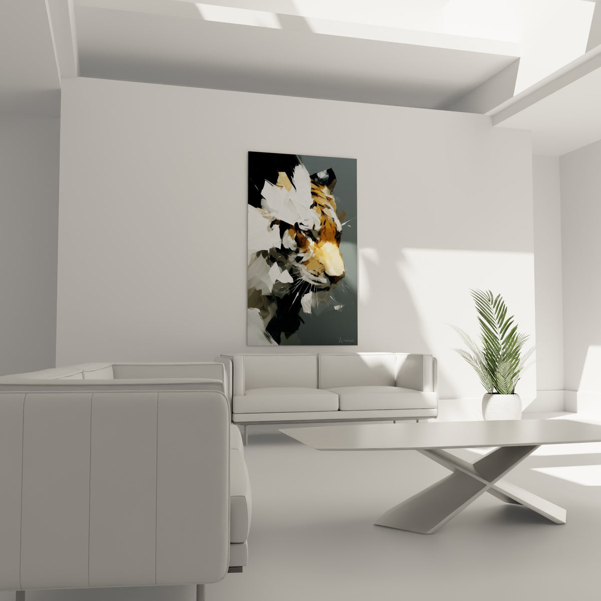 Portrait animalier ocre et anthracite du tigre suspendu au-dessus d'un canapé dans un salon lumineux