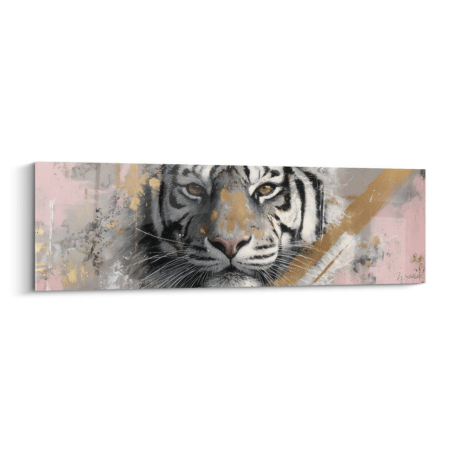 Tableau Portrait de Tigre Regard Intense aux Couleurs Rose et Or - Félin Majestueux - Edition Tigre