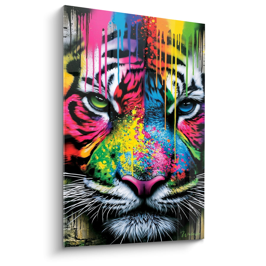 Tableau Tigre rose et bleu aux coulures multicolores dégoulinantes - Yeux vert et bleu - Edition Tigre