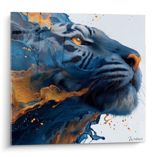 Tiger-Profilbild blau mit goldenen Fließeffekten und bernsteinfarbenem Blick zeitgenössische fließende Kunst