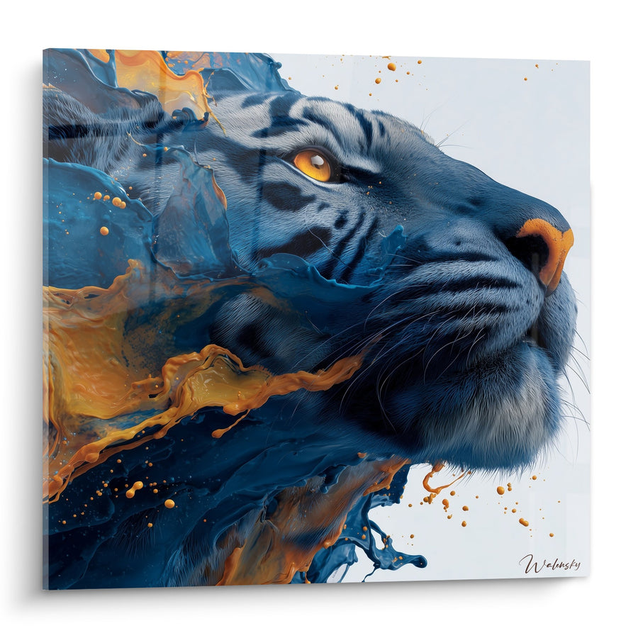 Tableau Profil de Tigre Bleu aux Éclats Dorés - Majesté Liquide - Edition Tigre