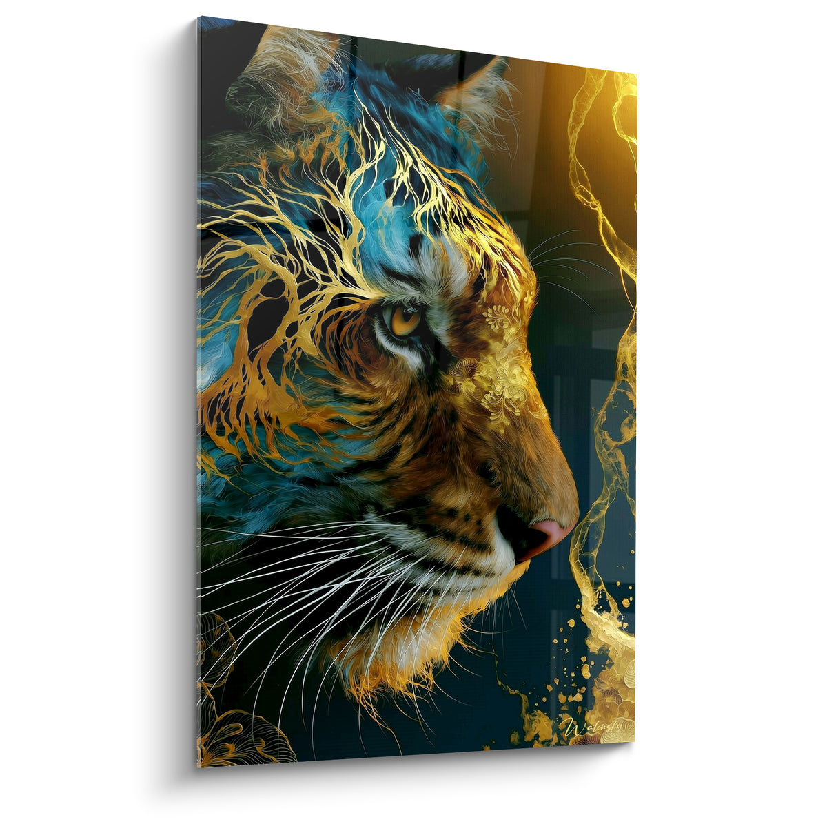 Tigre de profil aux teintes bleu marine et ocre, filaments dorés traversant son pelage sauvage