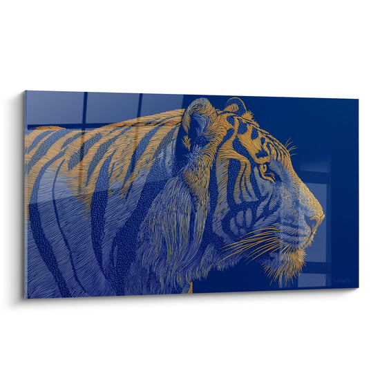 Cuadro Perfil de Tigre en Degradado Azul y Oro - Majestad Real - Edición Tigre