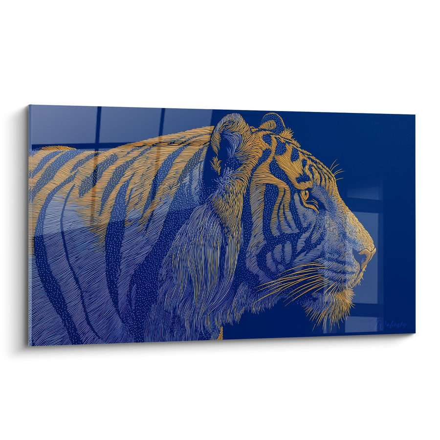 Tableau Profil de Tigre en Dégradé Bleu et Or - Majesté Royale - Edition Tigre