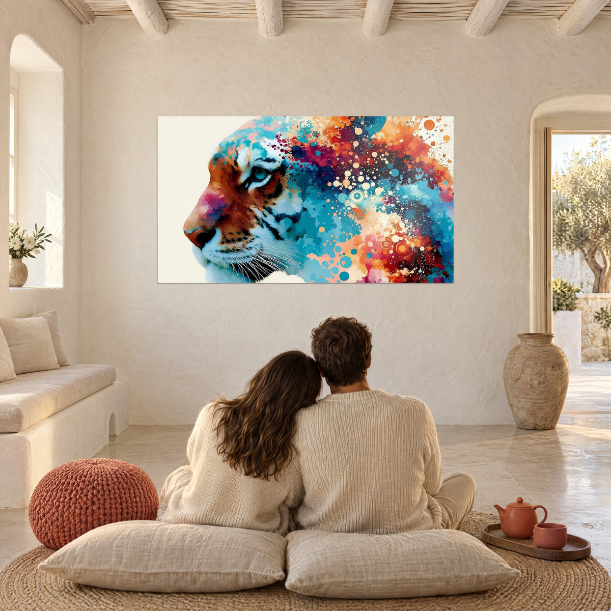 Tableau tigre bleu et orange en explosion de couleurs, œil turquoise, taches magenta, accroché devant un couple de dos sur des coussins au sol