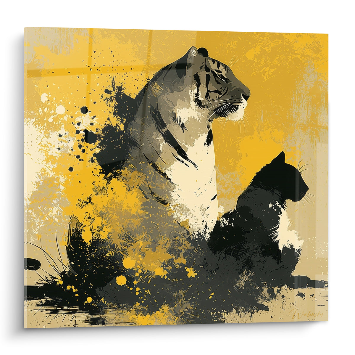 Tigre en profil doré et noir avec éclaboussures graphiques sur fond jaune intense