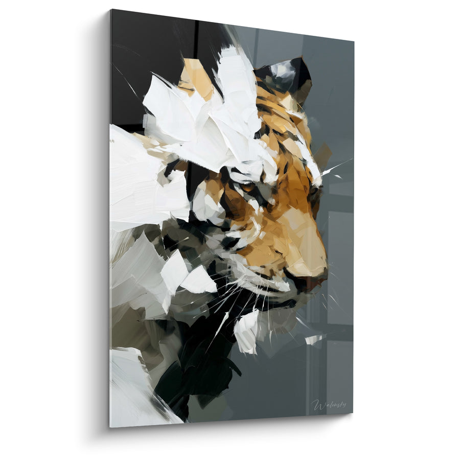 Tableau Tigre profil ocre et anthracite fragmenté - Instant de vigilance - Edition Tigre