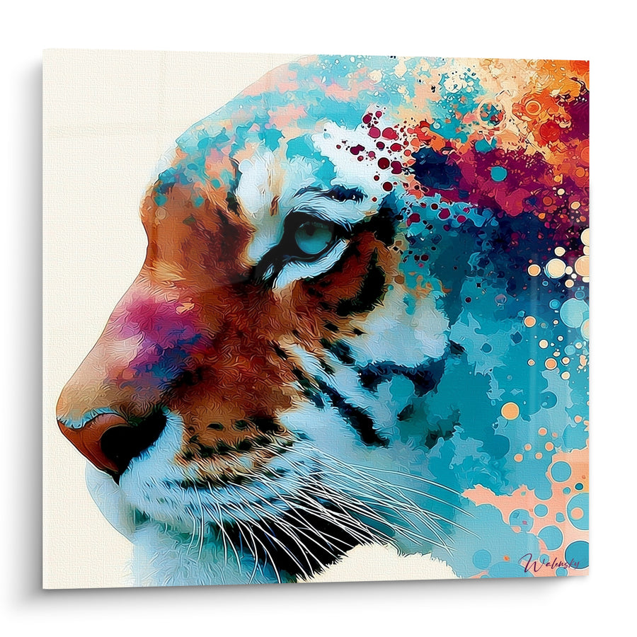 Tableau Tigre profil turquoise et orange éclaboussé - Rêverie éclatée - Edition Tigre