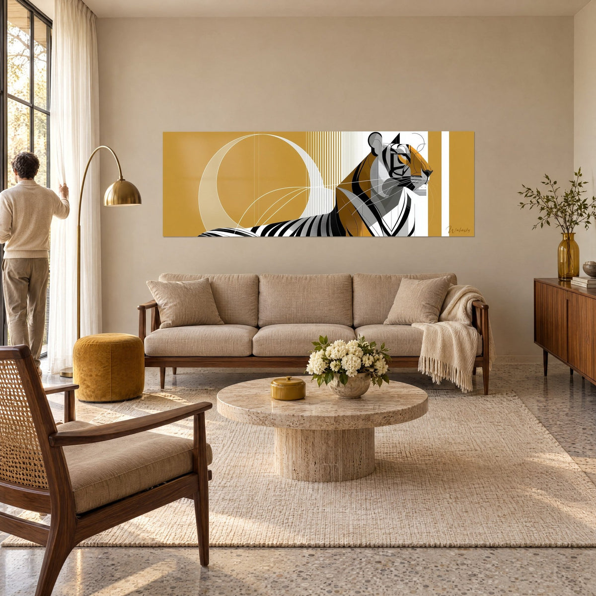 Wall art striped feline in right profile, mustard ochre and black, large ivory circle in the background, hung above a sofa in a bright living room