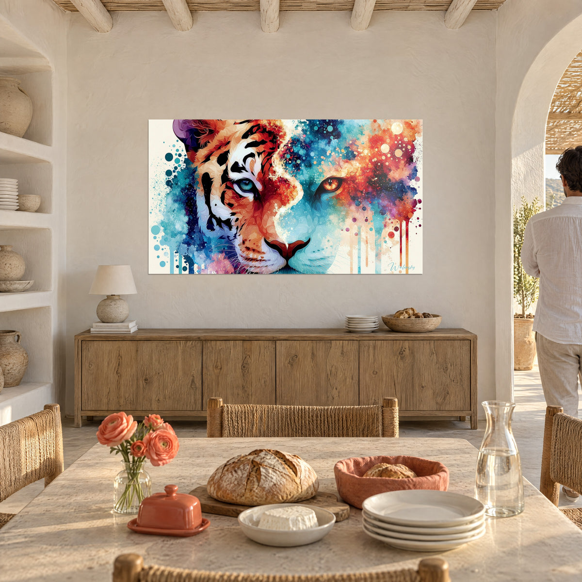 Tableau grand félin dual, face rayée orange et blanc, face bleu glacier, taches rouges, mur crème d'une salle à manger méditerranéenne