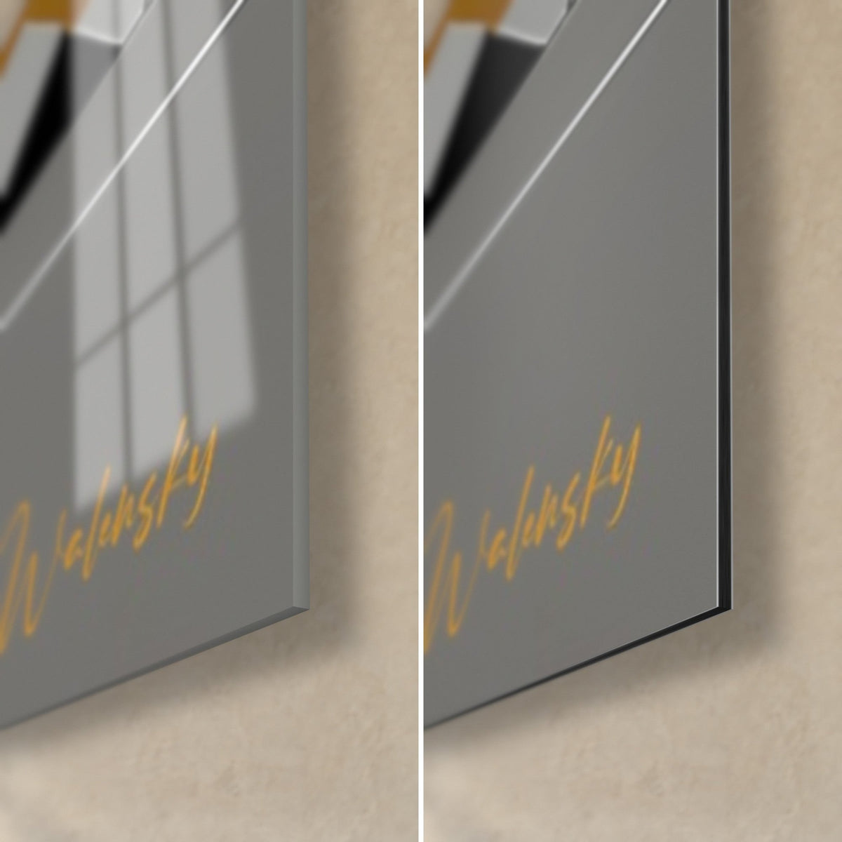 Wall art geometric tiger, bottom right corner: grey base and gold signature, glossy acrylic glass reflecting the window, matte Dibond