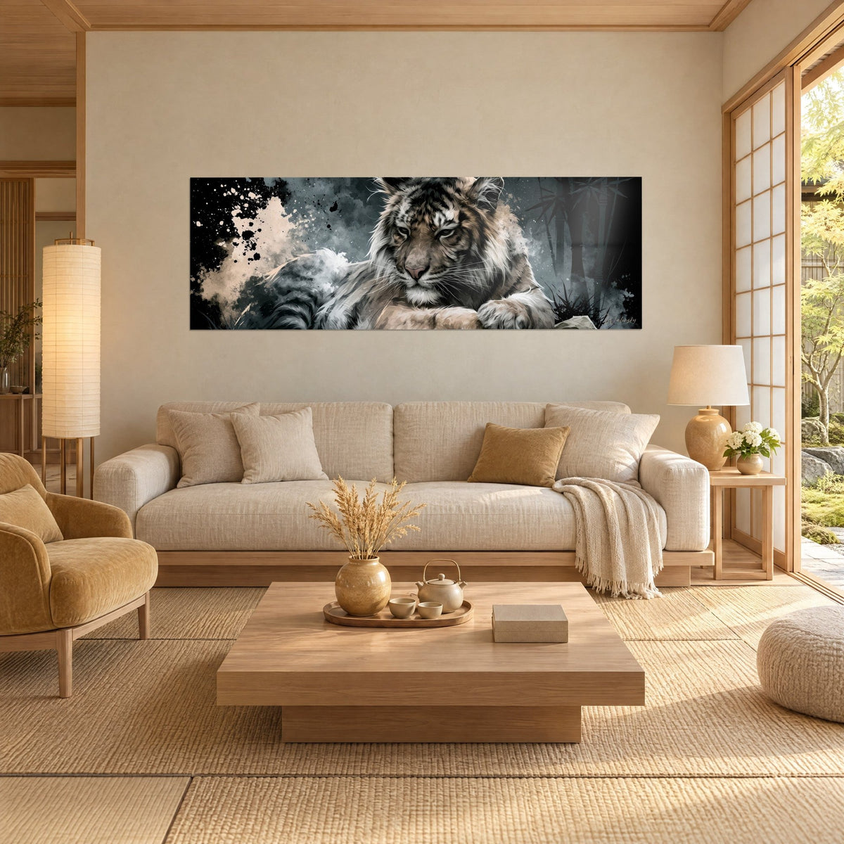 Wall art of a reclining tiger with tawny and charcoal stripes, half-closed eyes gazing at beige splashes, above a sofa in a bright living room
