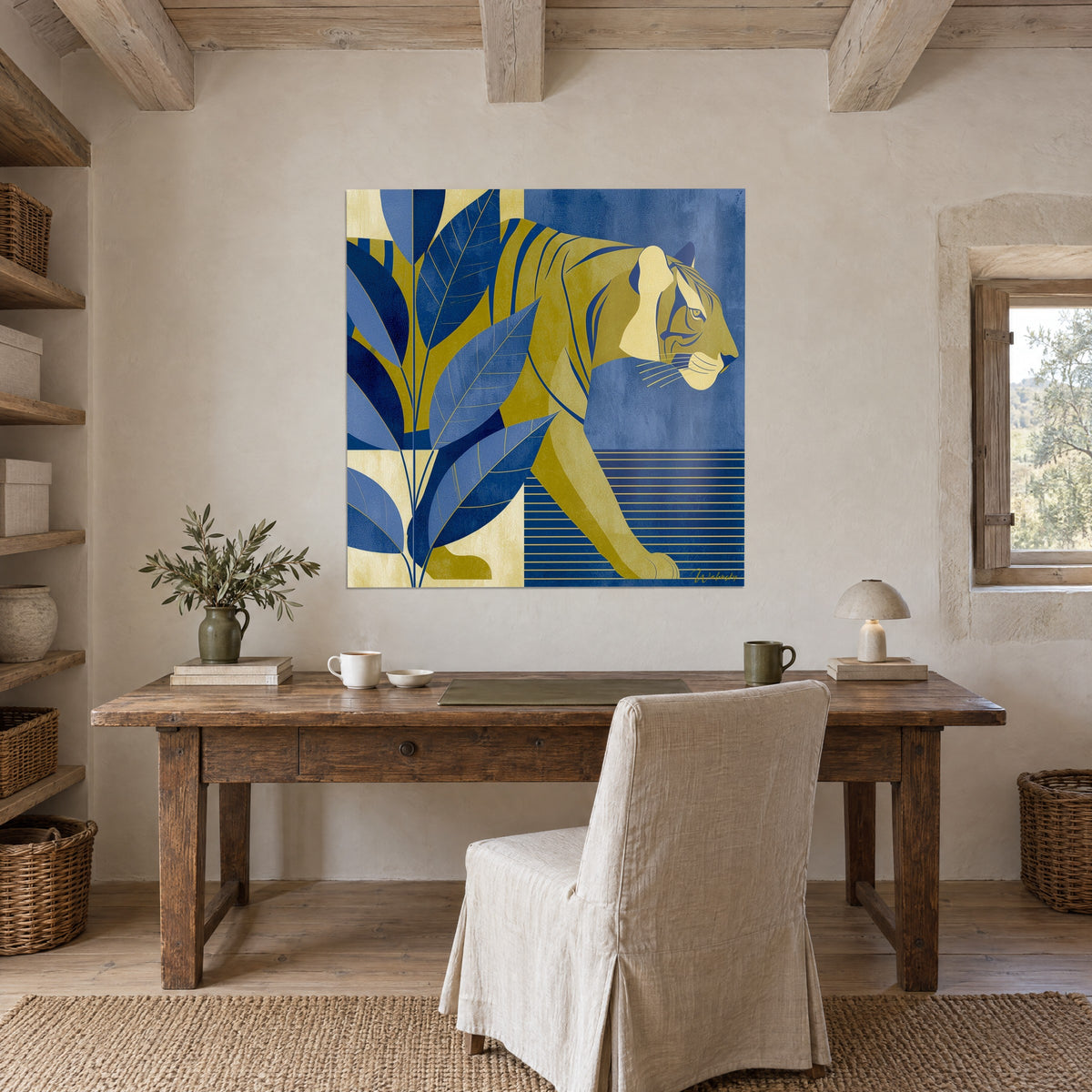 Wall art of a tiger with a silent stride, cream muzzle and navy stripes, periwinkle blue foliage, on the wall of a raw wood office