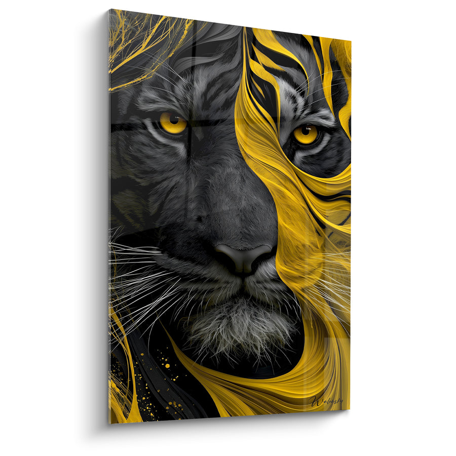 Tableau Tigre noir et jaune aux mèches tourbillonnantes - Symétrie faciale sauvage - Edition Tigre