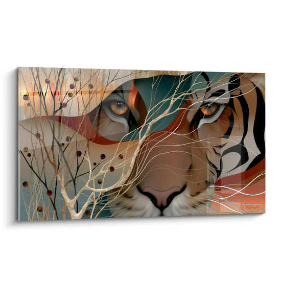 Tigre au regard ambré émergeant de branchages dorés sur fond sarcelle et terracotta