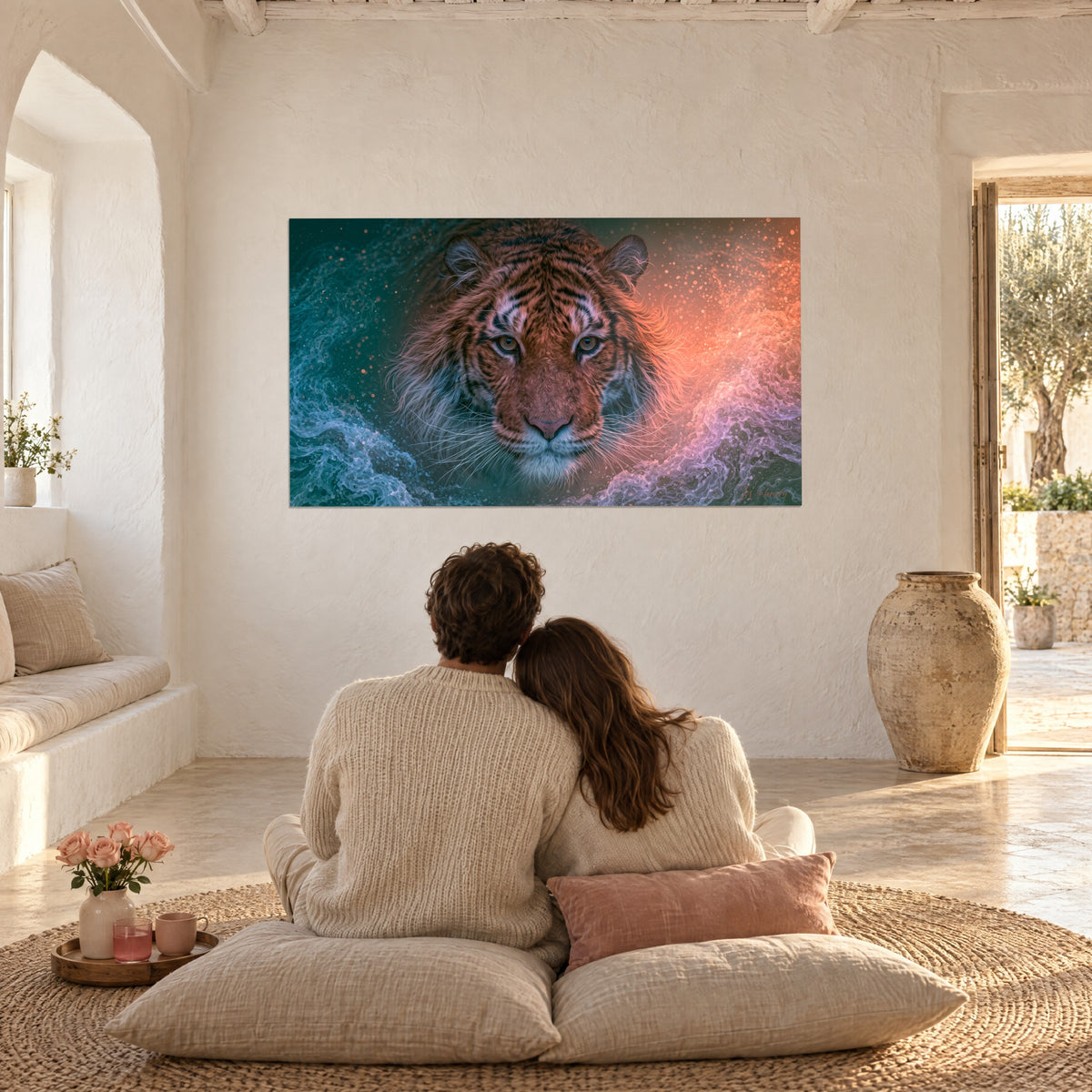 Wall art tiger gaze fixed on deep blue waves and orange-pink tones, couple seen from behind on beige cushions, white wall and clay jar