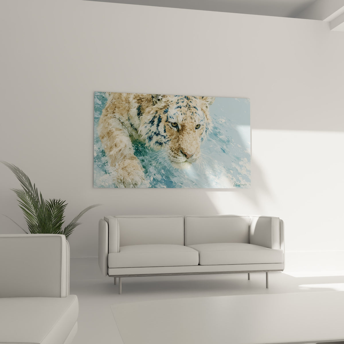 Tête de tigre émergeant d'une eau blanche et bleu pastel, au-dessus d'un canapé dans un salon lumineux.