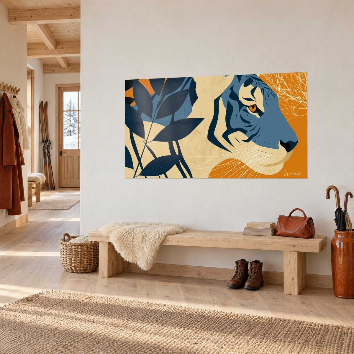 Wall art of a steel-blue tiger with an amber eye, cream whiskers on a burnt orange background, three-quarter view in a chalet entryway