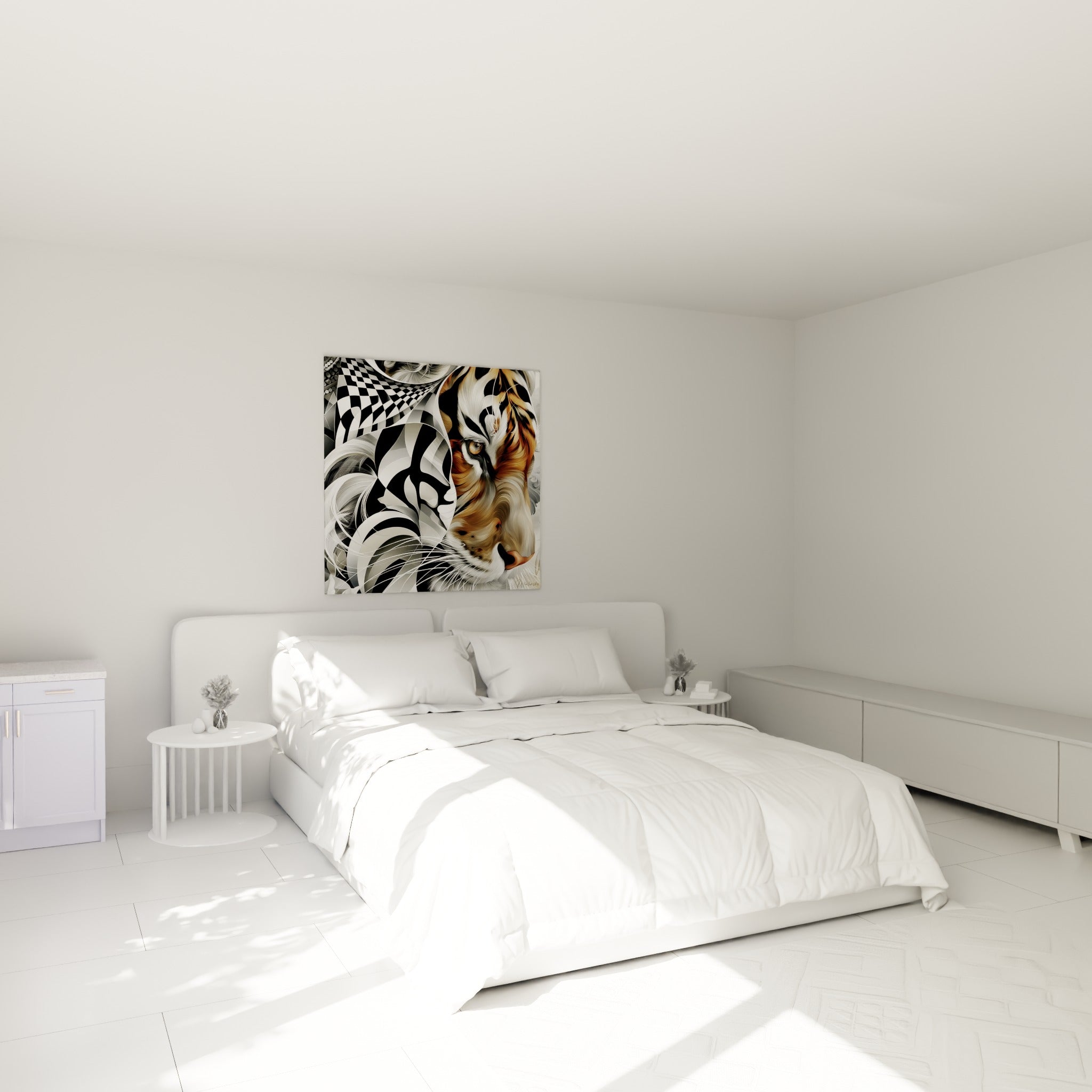 Regard ambré du tigre fauve parmi des volutes blanches au-dessus d'un lit dans une chambre claire