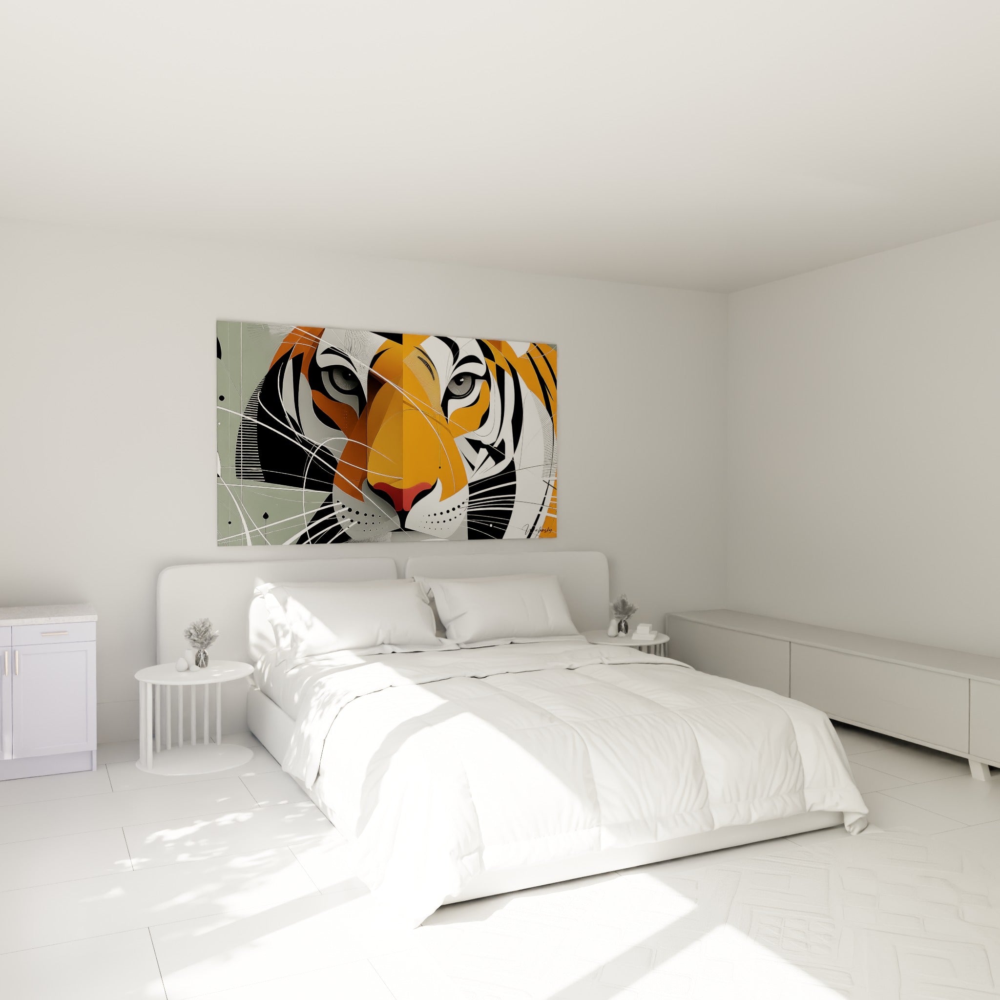Félin bicolore orange et gris aux lignes fines, tableau accroché au-dessus d'un lit dans une chambre claire