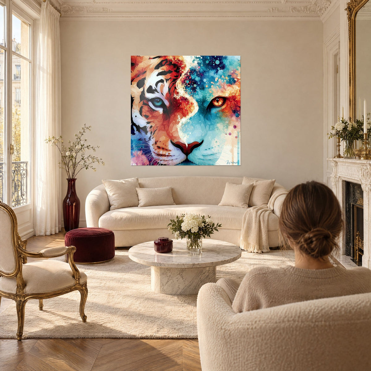 Tableau félin moitié tigre rayé orange, moitié fauve turquoise, œil ambré, femme de dos, au-dessus d'un canapé dans un salon lumineux