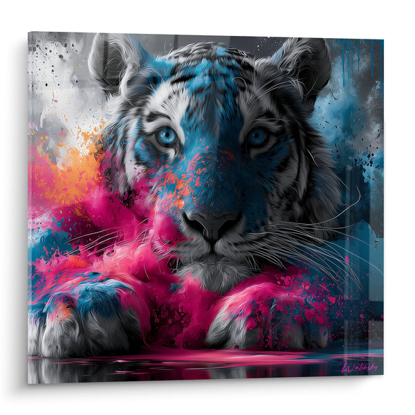 Leinwand Tiger ausgestreckt mit blauen und rosafarbenen Spritzern - Farbhitze - Tiger Edition