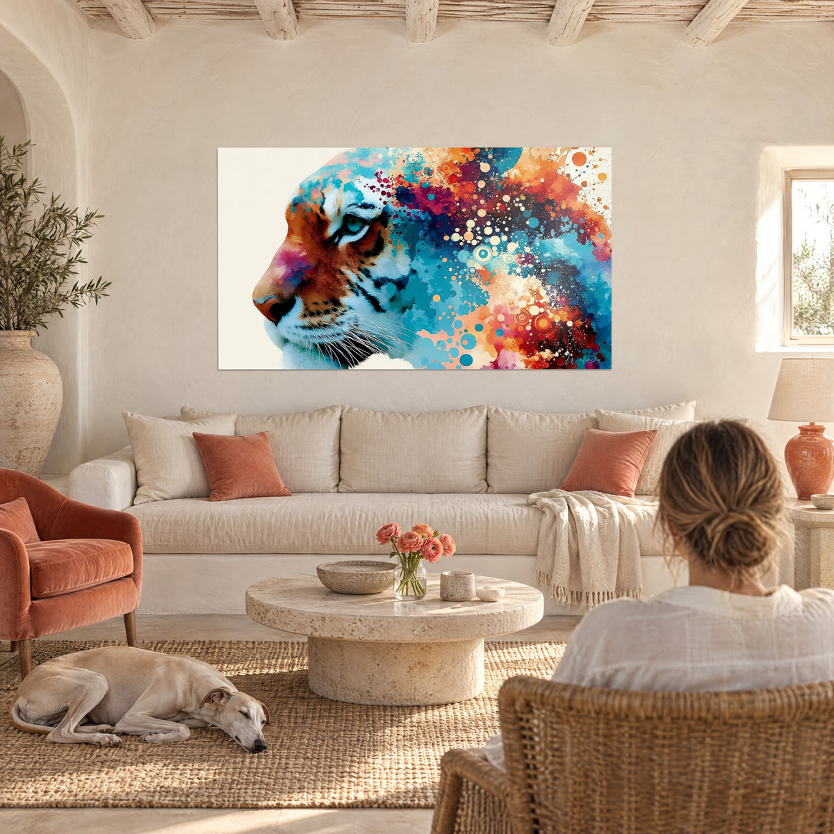 Tableau félin de profil en éclats d'aquarelle turquoise et orange, œil bleu perçant, au-dessus d'un canapé dans un salon lumineux