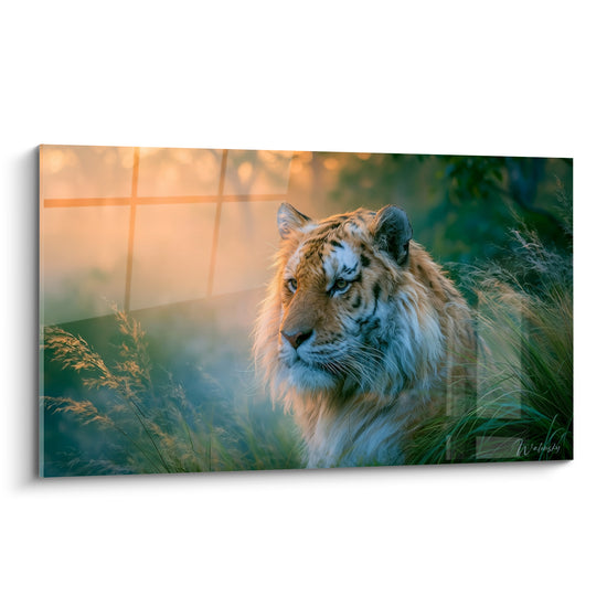 Tigre orange et blanc au regard perçant, fourrure détaillée dans une brume dorée et verte