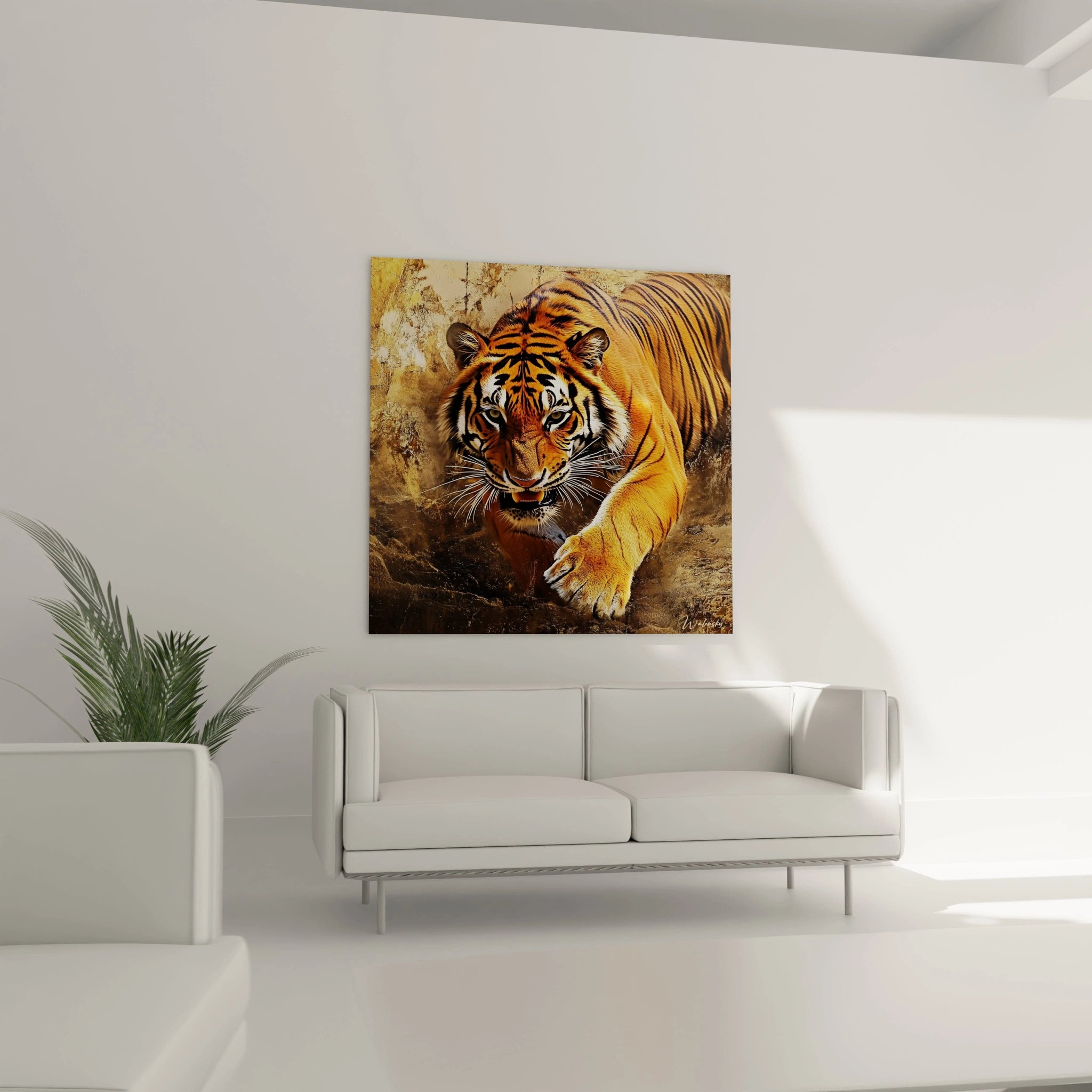 Tableau tigre artistique Walensky accroché au-dessus d'un canapé blanc dans un salon lumineux et moderne