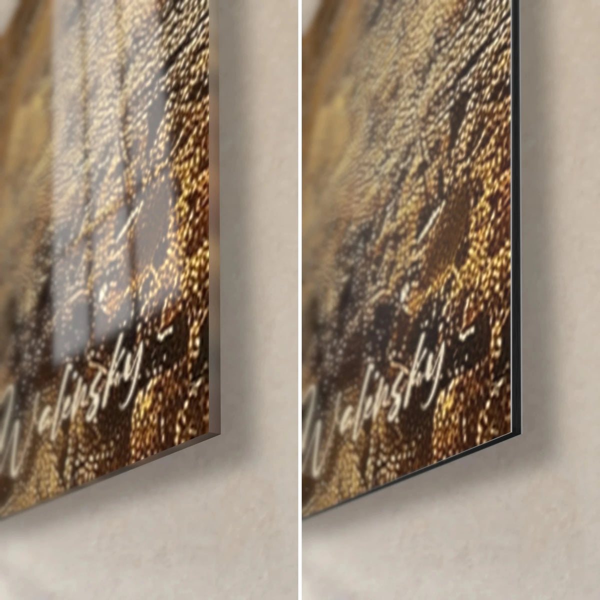 Tableau tigre aux rayures noires et orange, coin bas droit : verre brillant à gauche, alu Dibond mat à droite, tranche de 3 mm