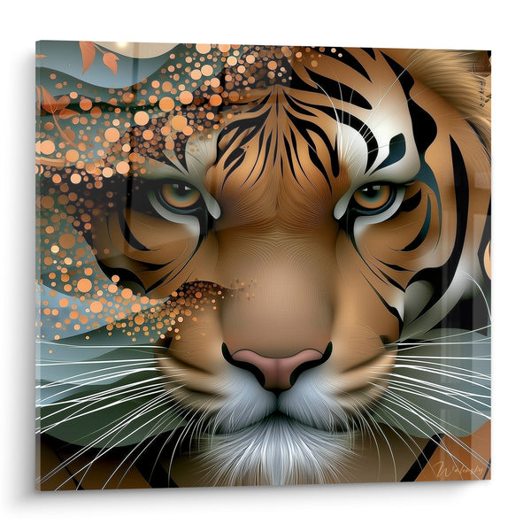 Tigris-Gemälde Orange und Petrol mit goldenen Konfetti - Hypnotischer Nachttraum - Tiger-Edition