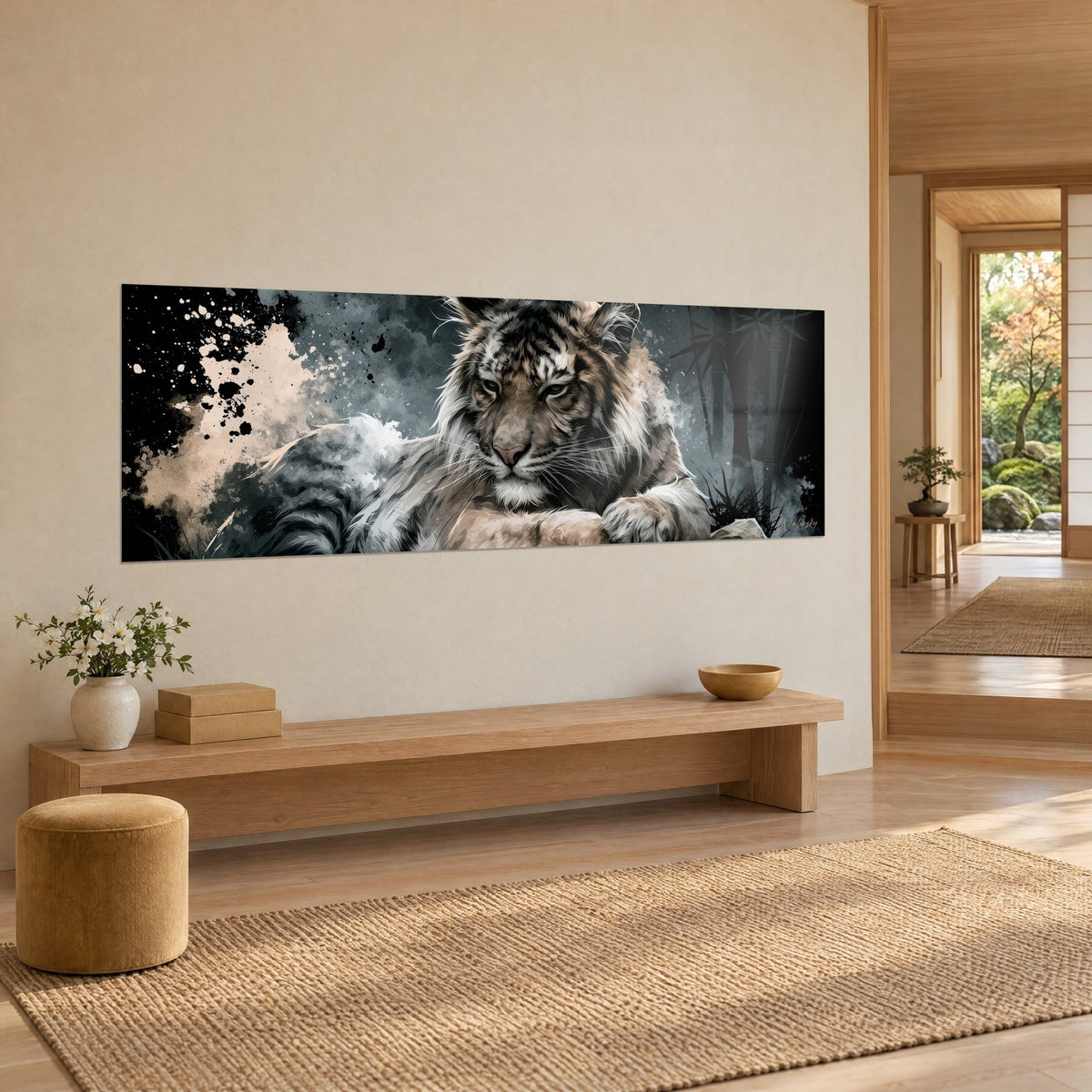Majestic tiger wall art in panoramic format, white and beige fur, black bamboo in the background, shown three-quarter view on a cream wall
