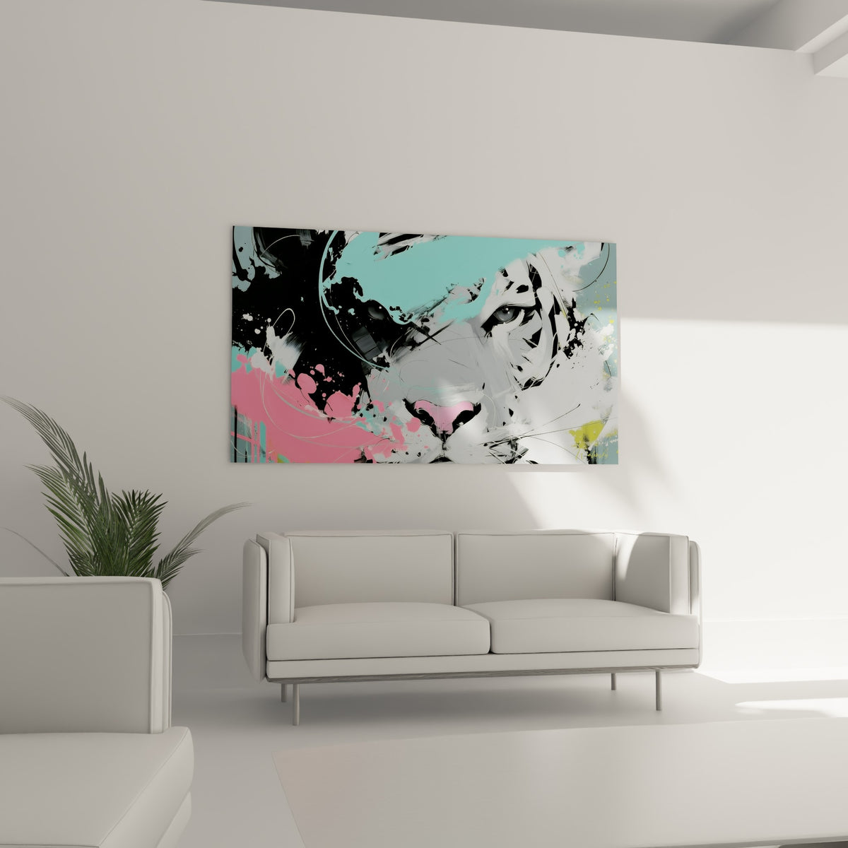 Yeux de tigre gris pâle cernés de noir, éclaboussures turquoise et rose fuchsia, au-dessus d'un canapé dans un salon lumineux