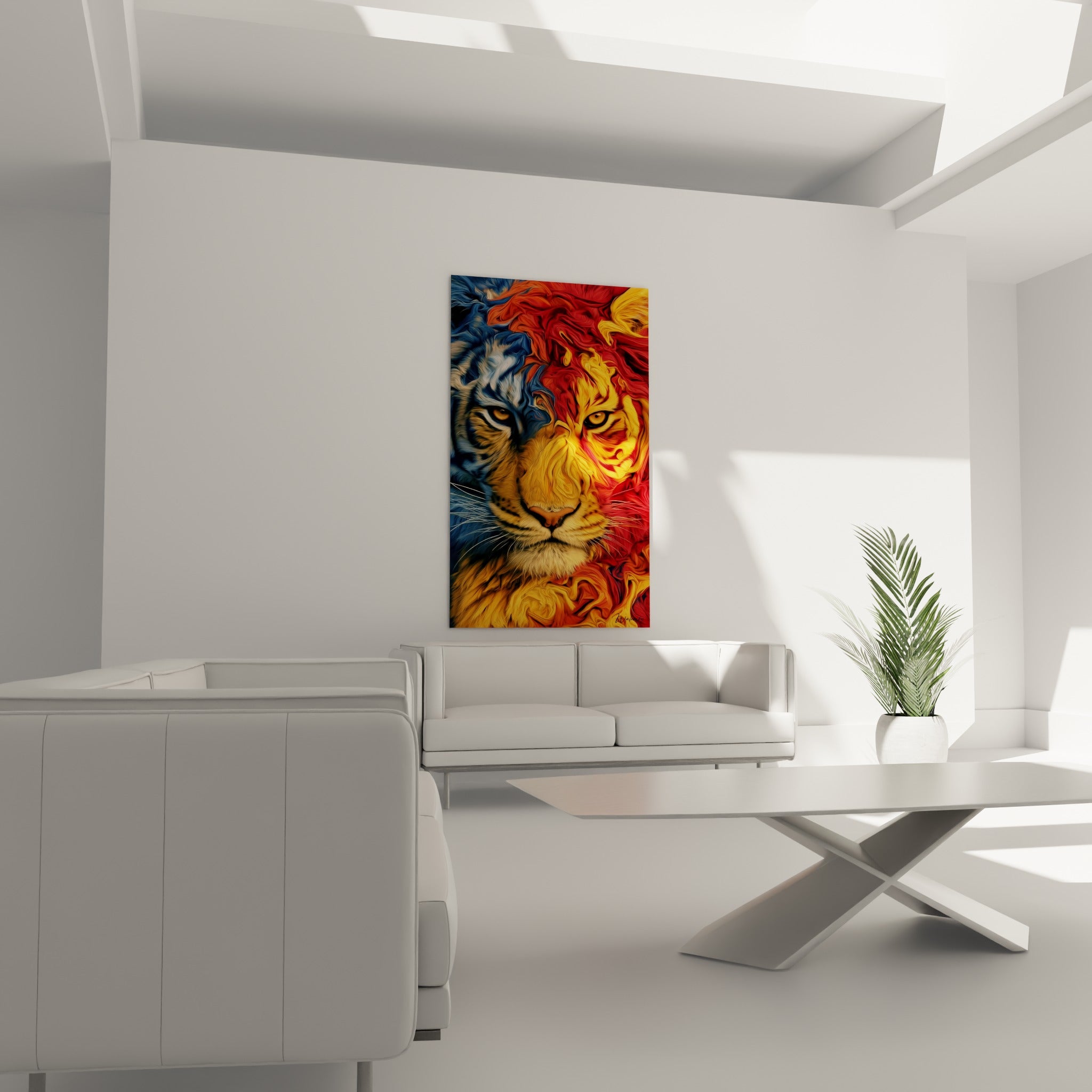 Félin mi-glace mi-feu aux nuances rouge et bleu marine placé au-dessus d'un canapé dans un salon lumineux.