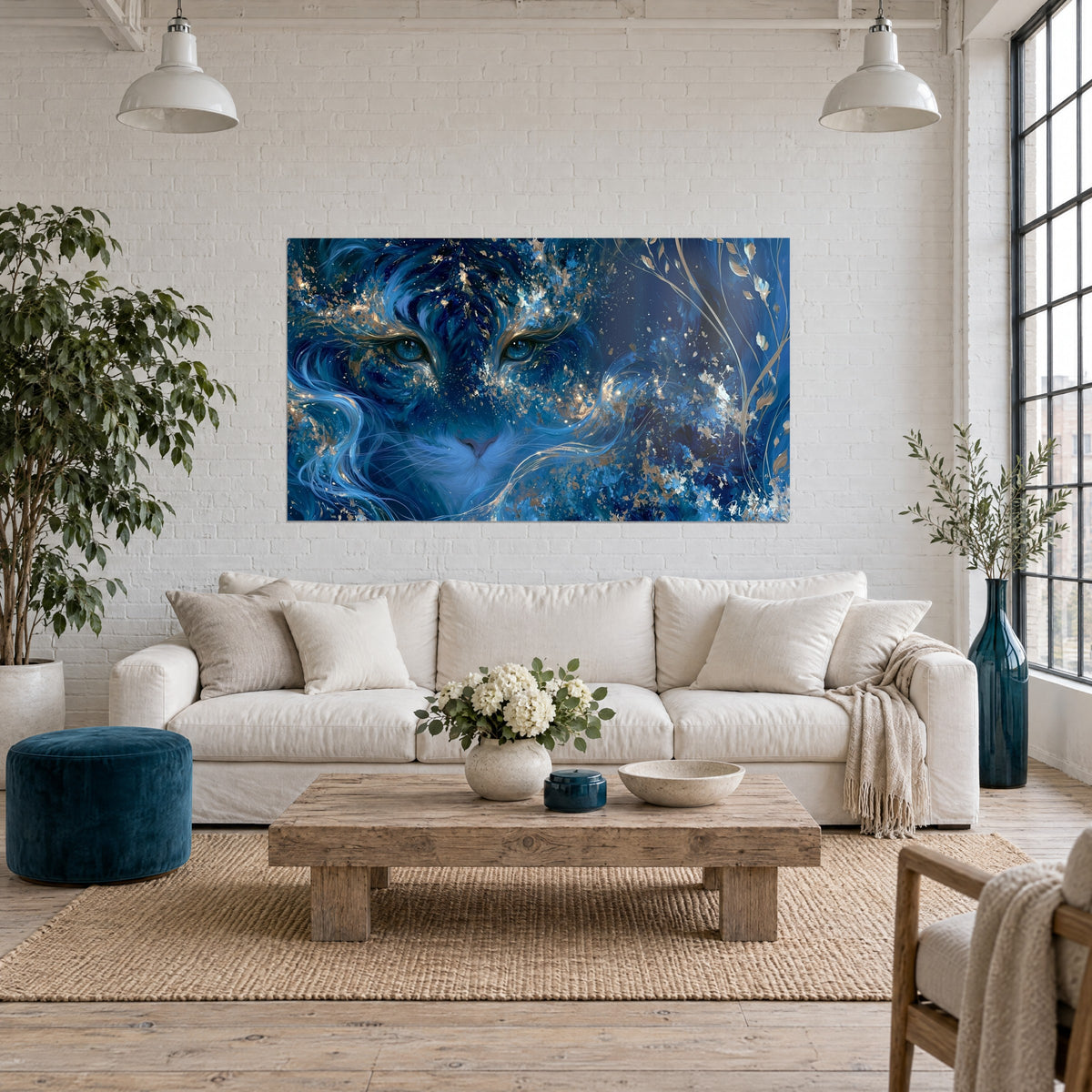 Schilderij felijn met turquoise ogen bezaaid met gouden glitter, nachtblauw en goud, boven een bank in een lichte woonkamer