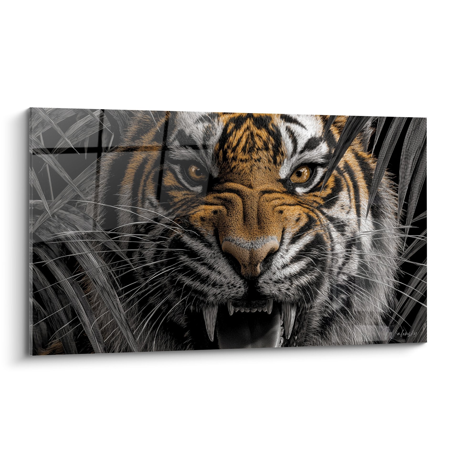 Tigerbild mit intensivem Blick, goldenen Augen und schwarzen Streifen im Dschungel - dekoratives Felinen-Wandbild