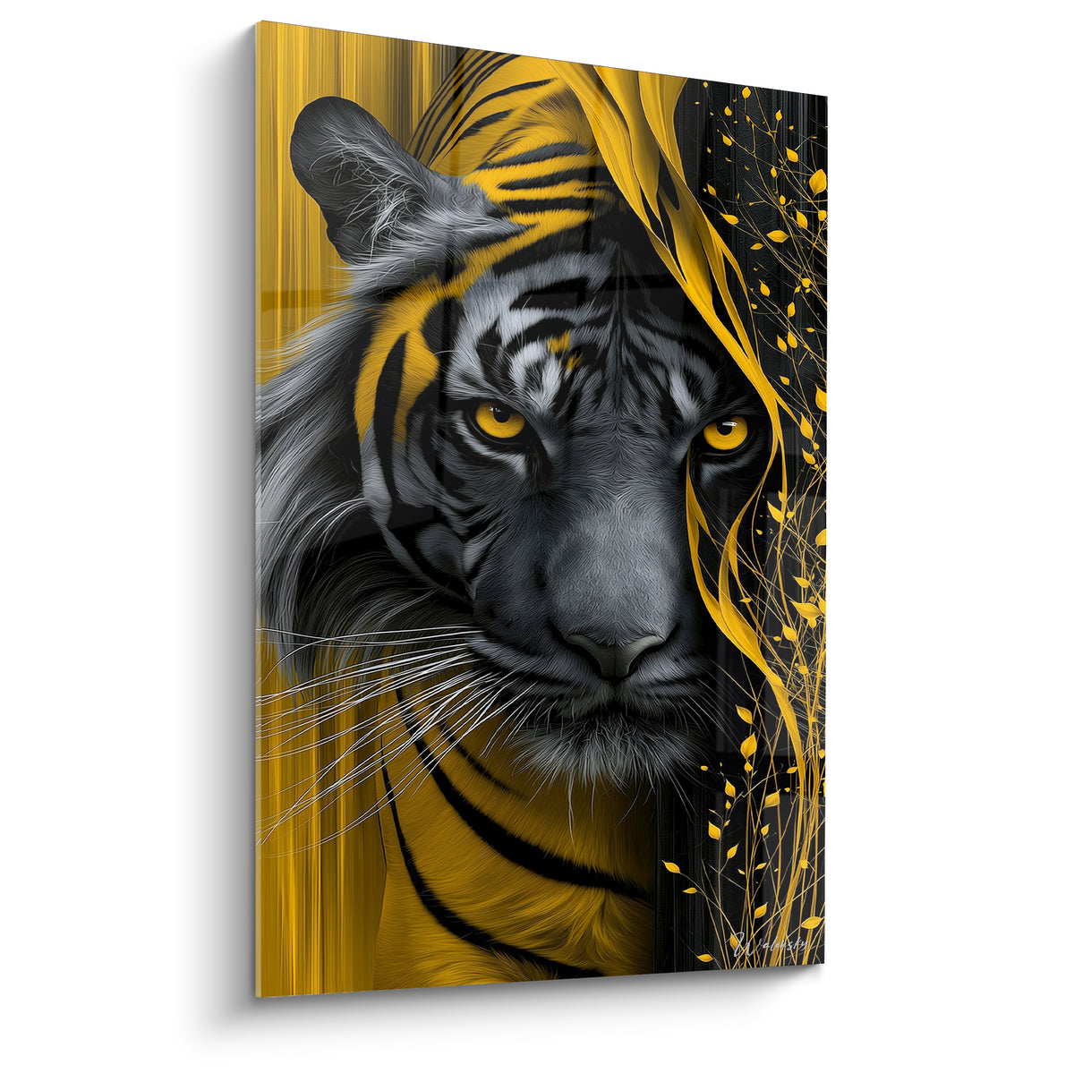 Tigre au regard ambré, mi-voilé de jaune doré et gris anthracite, rendu hyperréaliste