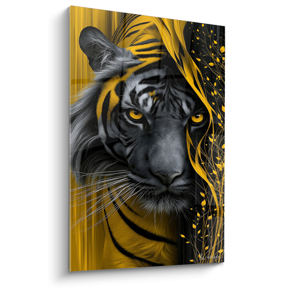 Tableau Tigre gris et jaune aux branches stylisées - Regard tapi dans l'ombre - Edition Tigre