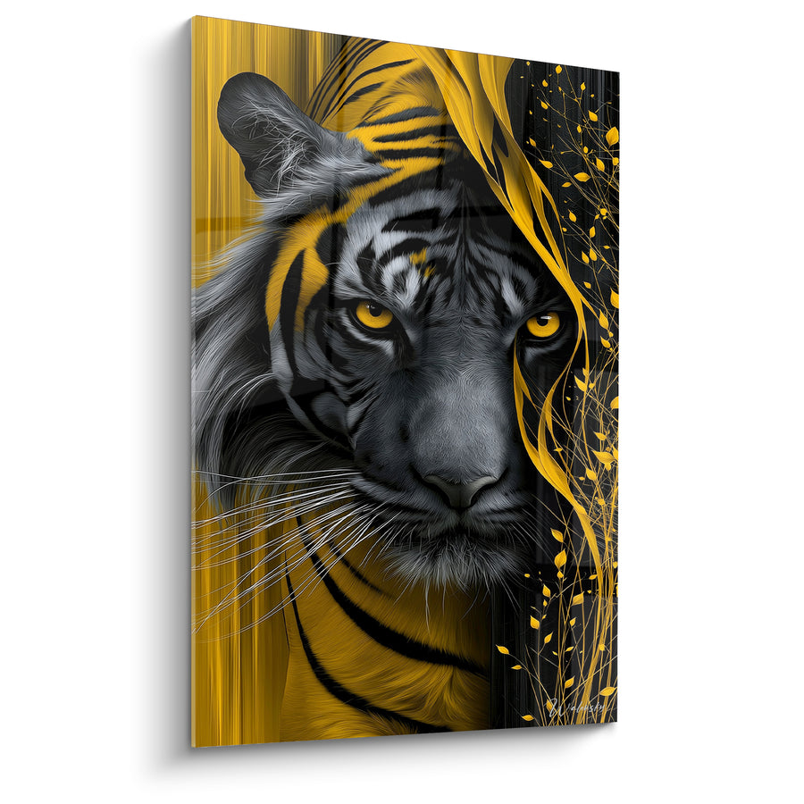 Tableau Tigre gris et jaune aux branches stylisées - Regard tapi dans l'ombre - Edition Tigre