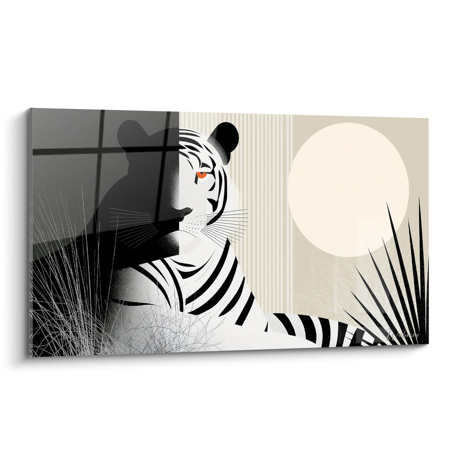 Tableau Tigre noir et blanc devant un soleil crème - Feuillages de palmier graphiques - Edition Tigre