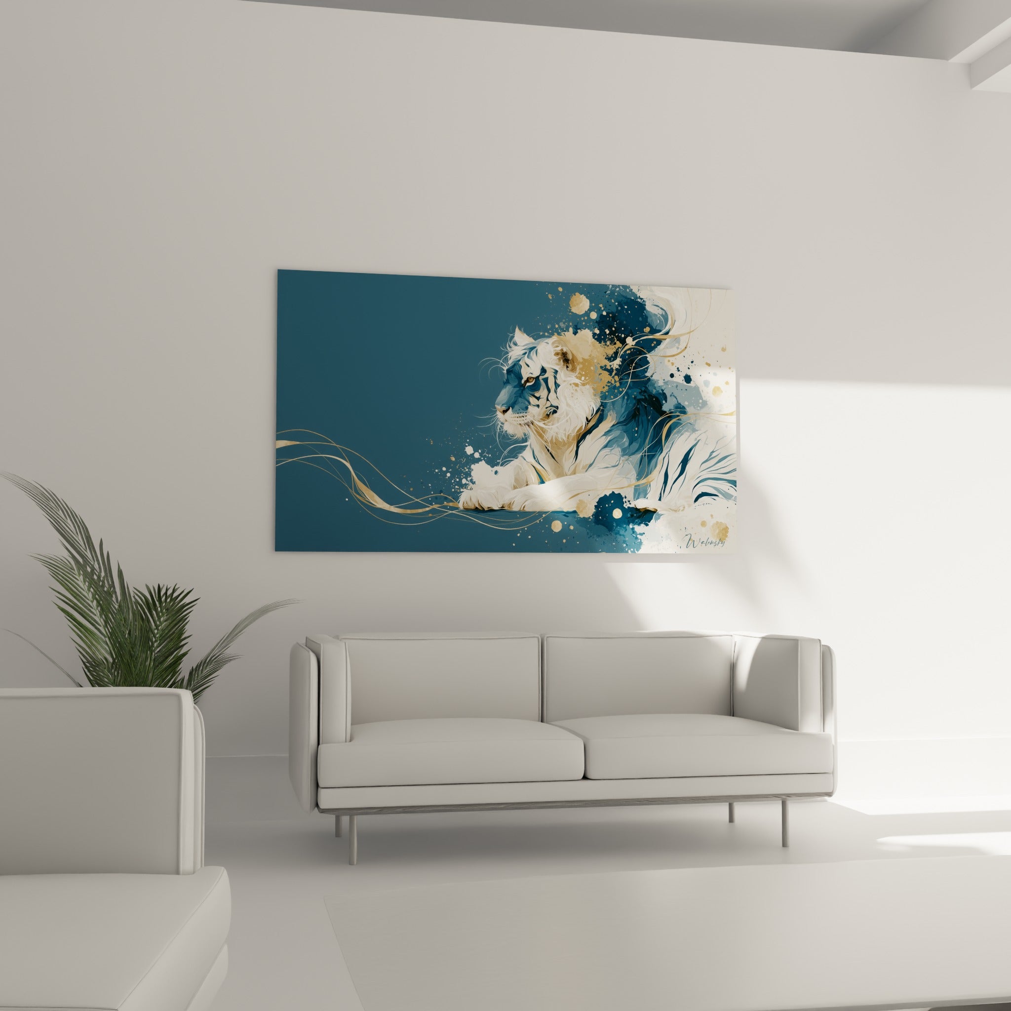 Regard perçant du tigre aux teintes bleu marine et or, posé au-dessus d'un canapé dans un salon lumineux